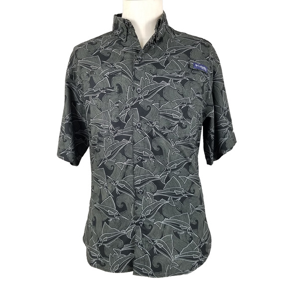 Columbia PFG Super Tamiami Shirt Mens Small Black Fish Print Omni-Shade Fishing - Picture 1 of 14